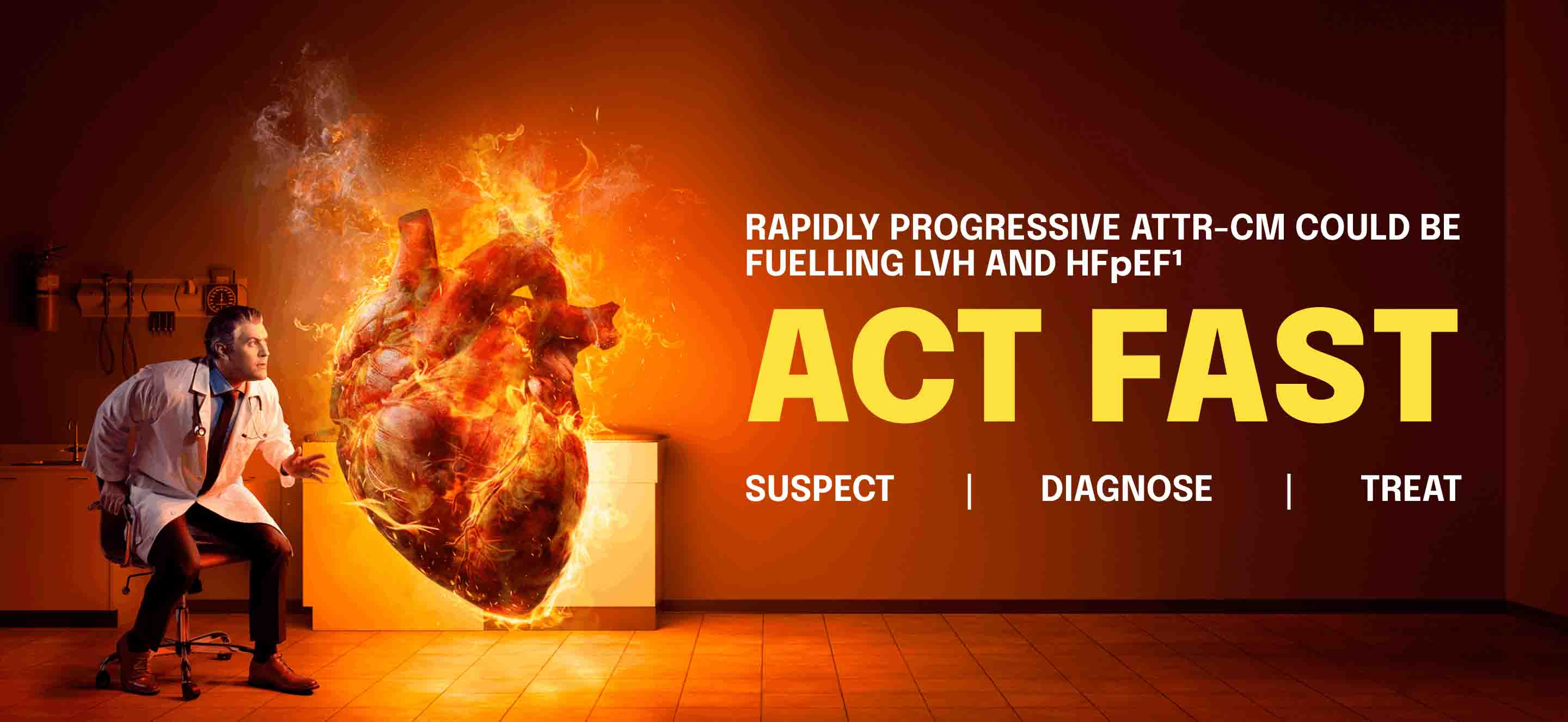 Doctor facing a large fiery heart symbolizing urgent ATTR-CM awareness