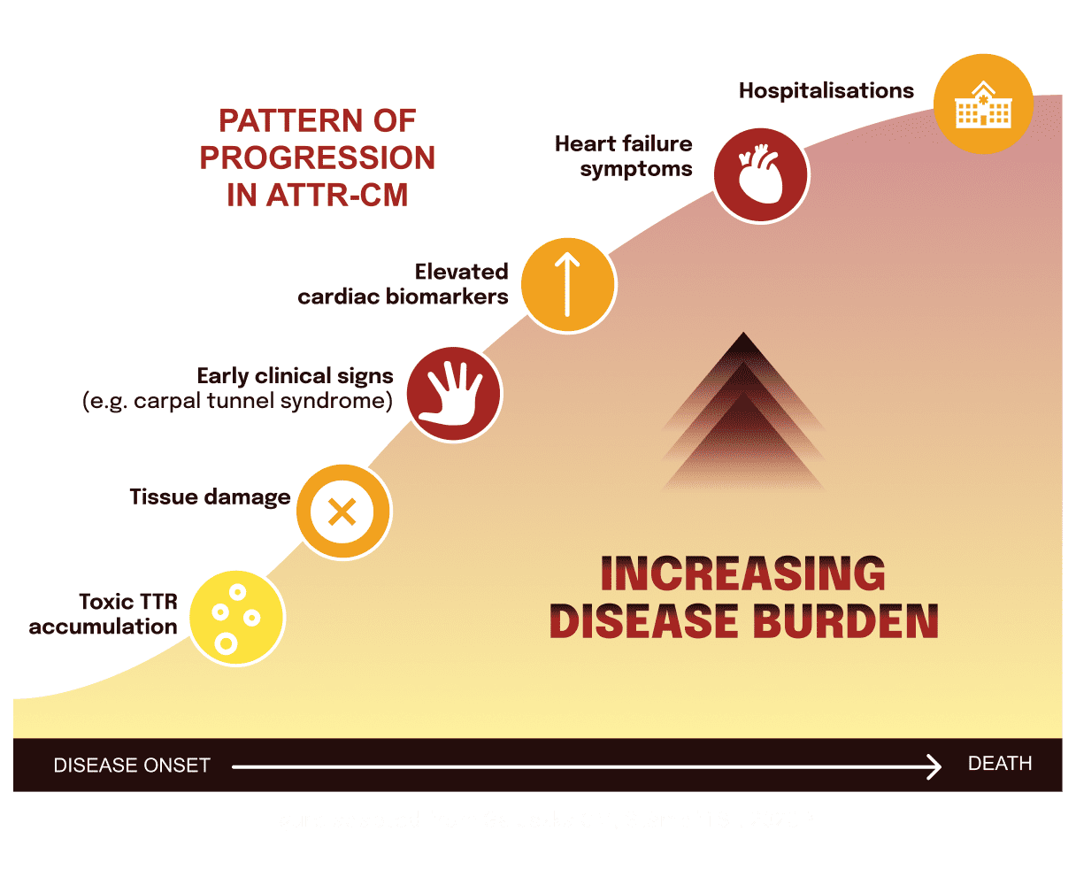 Infographic showing the progression of ATTR-CM and increasing disease burden over time