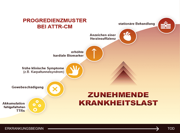 Infografik, die den Verlauf von ATTR-CM und die zunehmende Krankheitslast im Zeitverlauf zeigt